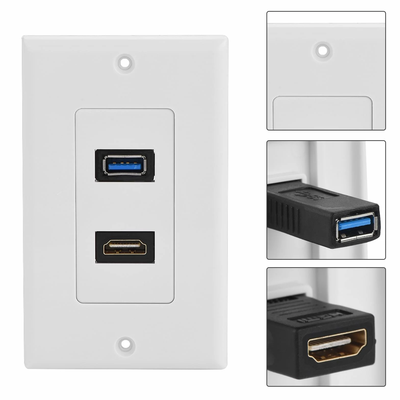 Haofy 2 porty HDMI, USB 3.0, gniazdo ścienne, płyta USB, ładowarka elektryczna, złącze kompozytowe audio, złącze wideo, złącze płyty ściennej, 2 w 1, wyjście, przedłużacz, biały