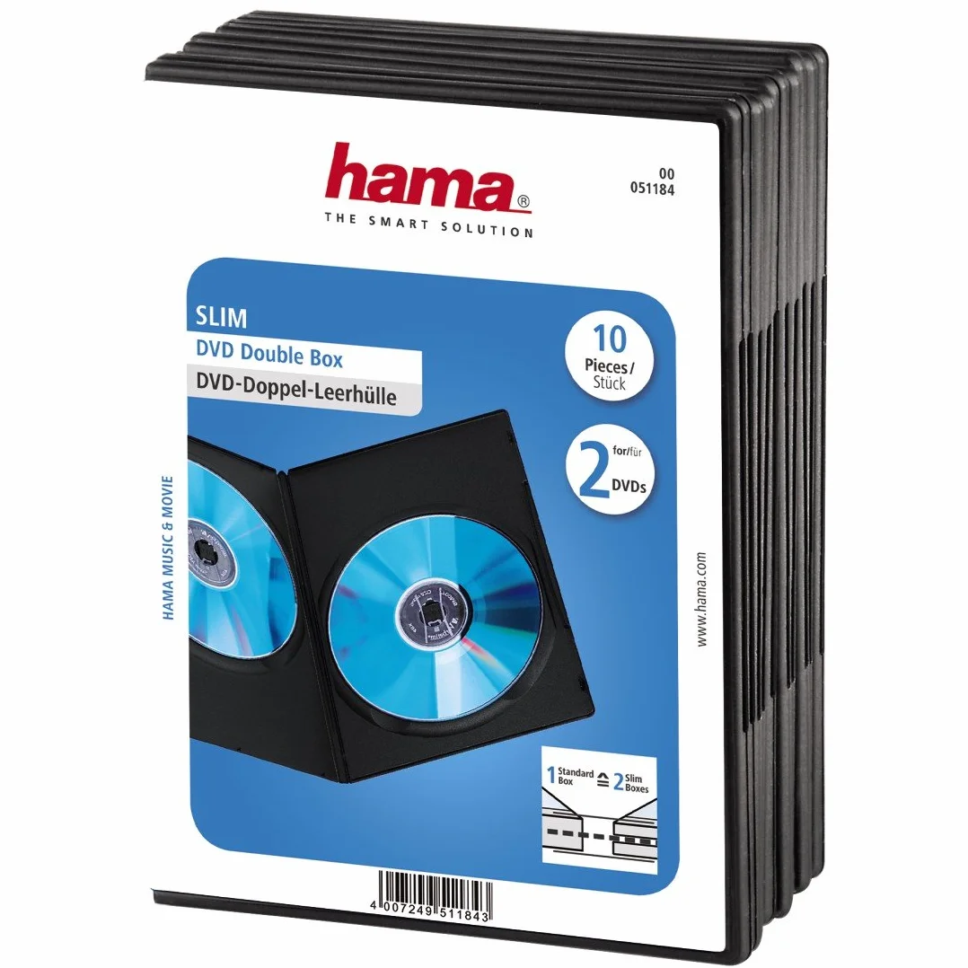 Hama Podwójne etui na DVD Super Slim opakowanie 10 szt. (pasuje również do płyt CD i Blu-rays) ultra wąskie, z folią do wkładania osłony, czarne