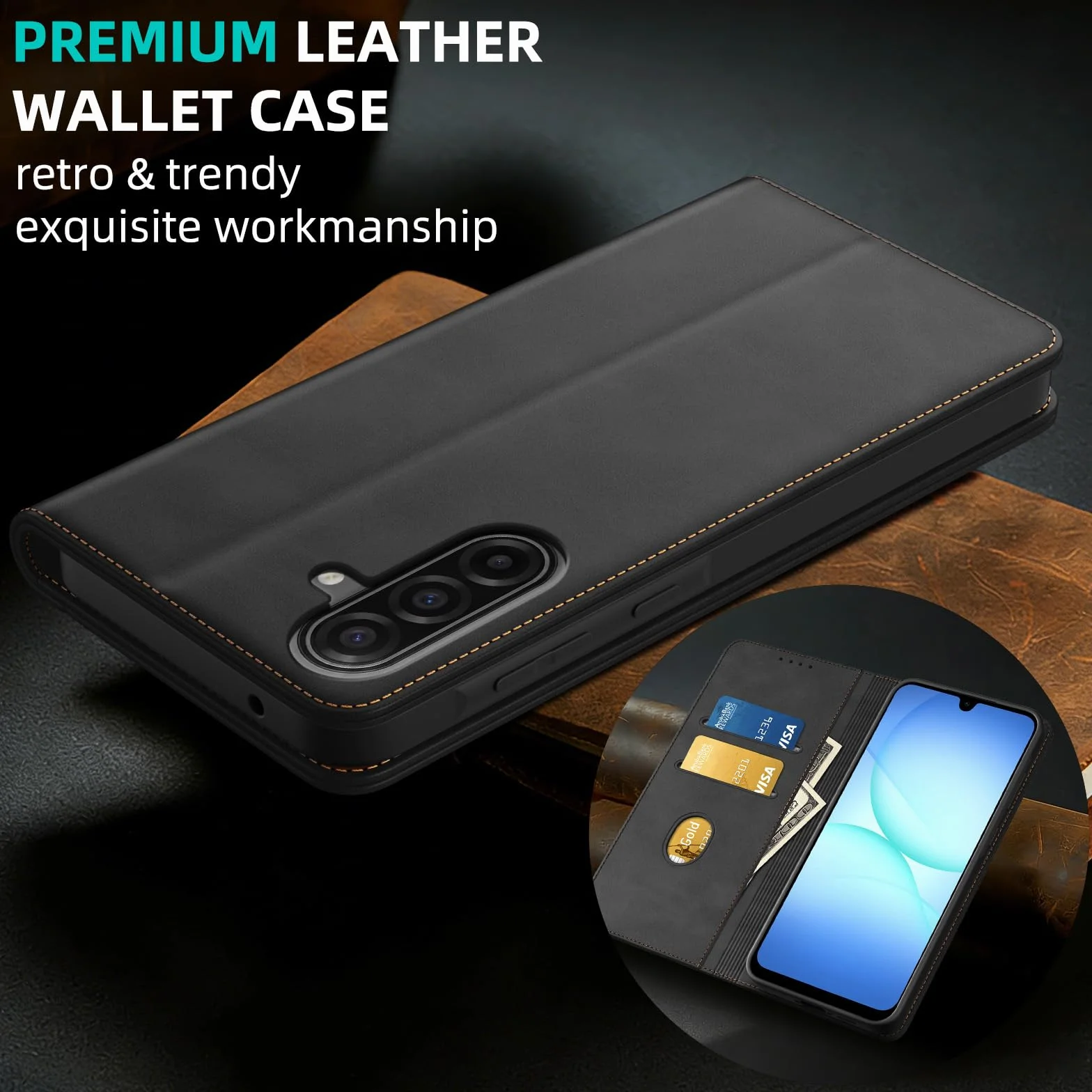 Phoona Etui do Samsung Galaxy A17 5G z 1 szkłem hartowanym, etui premium ze skóry PU, blokada RFID, odporność na wstrząsy, magnetyczne, otwory na karty, ze wspornikiem, czarne etui z klapką