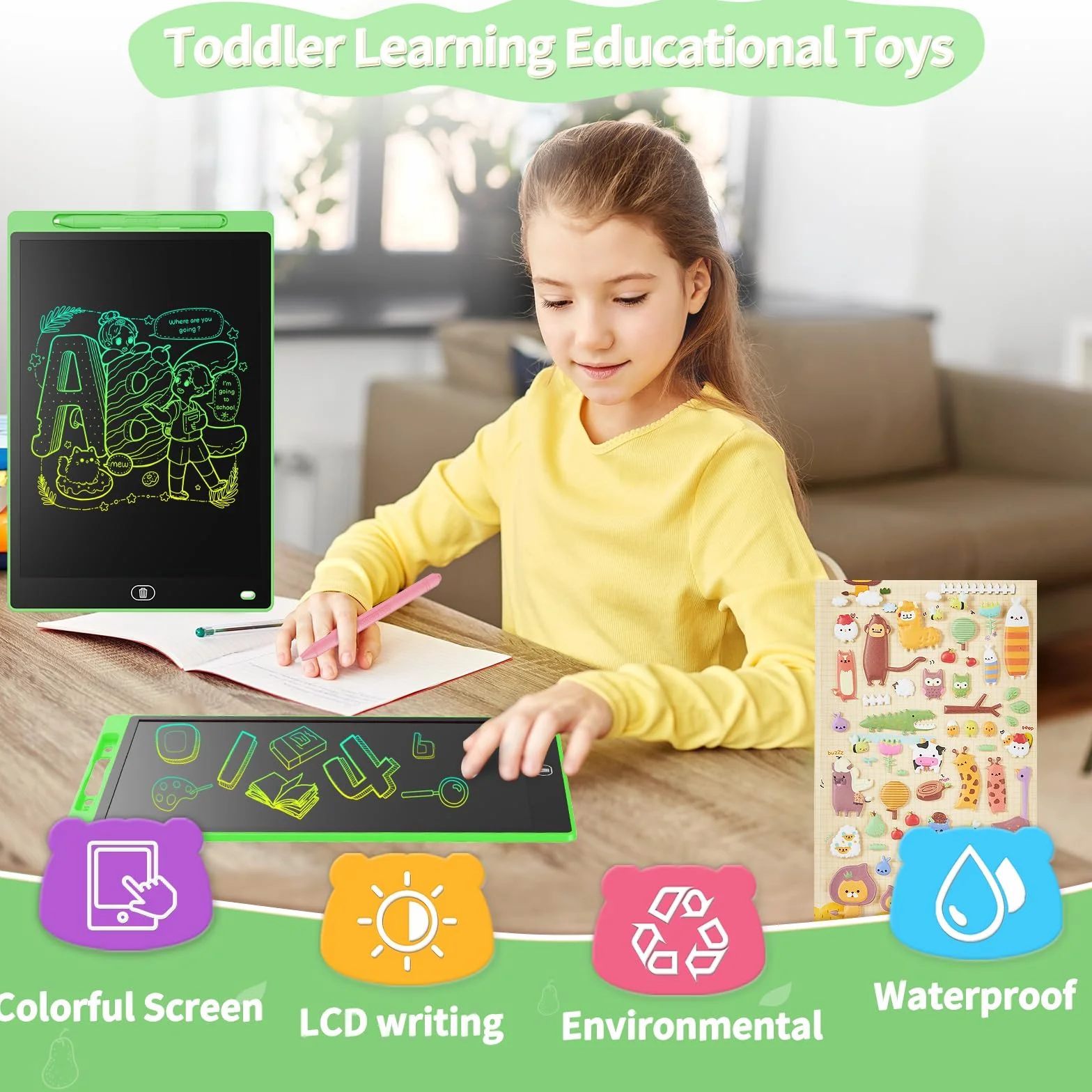Genialba Tablet LCD do Pisania 12 Cali Kolorowy Tablet Elektroniczny Ekran do Rysowania Zabawka Edukacyjna Prezent dla 2 3 4 5 lat Chłopcy Dziewczęta Boże Narodzenie Urodziny (Zielony)