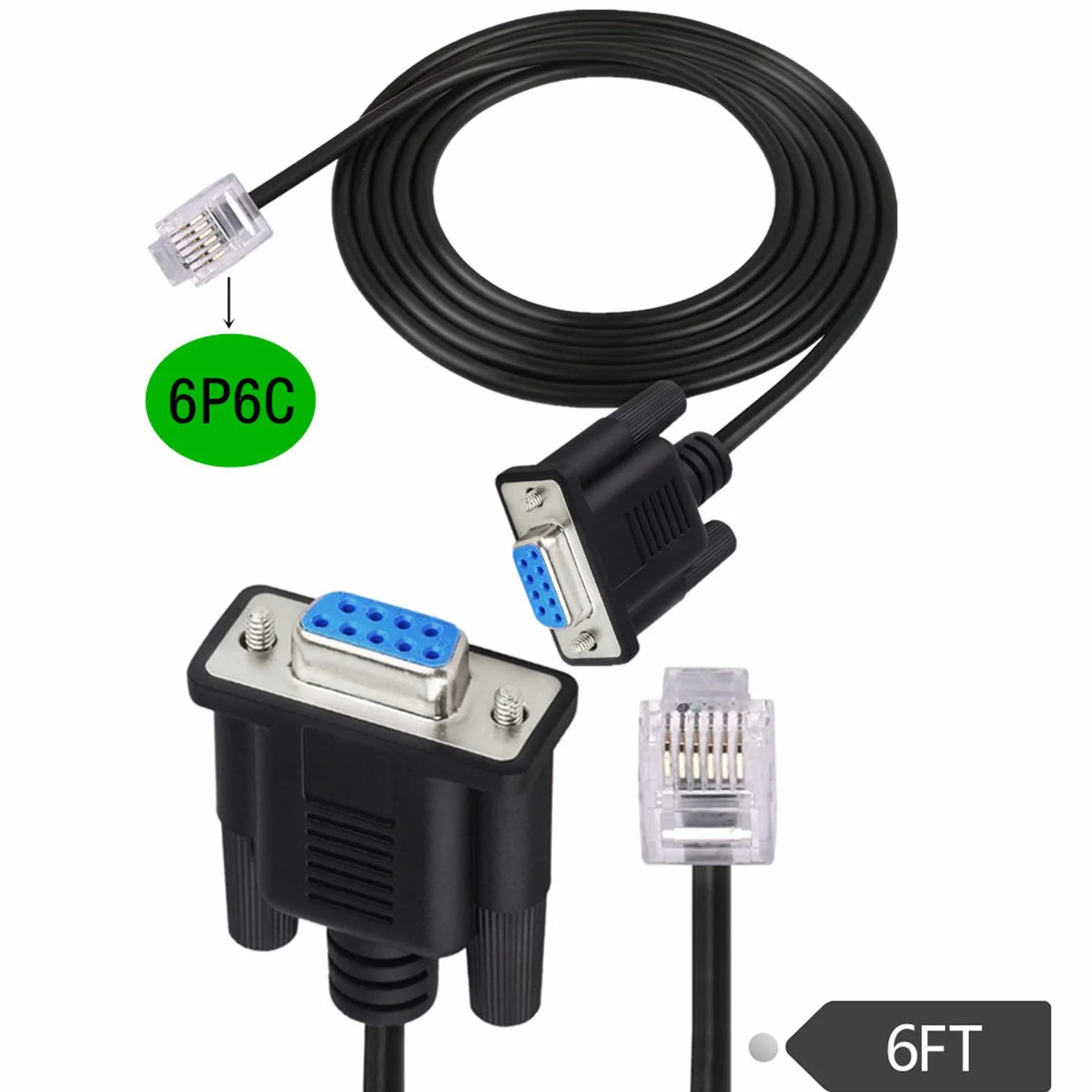 RS232 DB9Pin żeński do RJ11 RJ12 6P6C LAN kabel do konsoli szeregowej, Plug and Play, 1,8 m