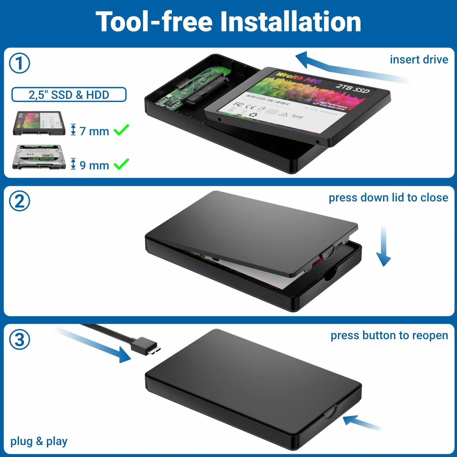 deleyCON Obudowa SSD USB C (5Gbps USB 3.1) do Dysków SATA 3 2,5" SSD / HDD / 7 mm do 9,5 mm SATA III Obudowa Zewnętrzna UASP [Czarna]