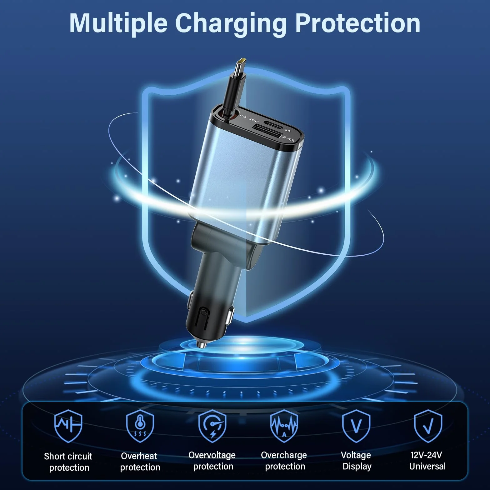 Ładowarka samochodowa USB C z kablem PD 30 W typu C, podwójny port zapalniczki samochodowej adapter 15 W USB-C + 12 W USB, 180° Flip kompaktowa ładowarka samochodowa 12 V/24 V do smartfonów i tabletów