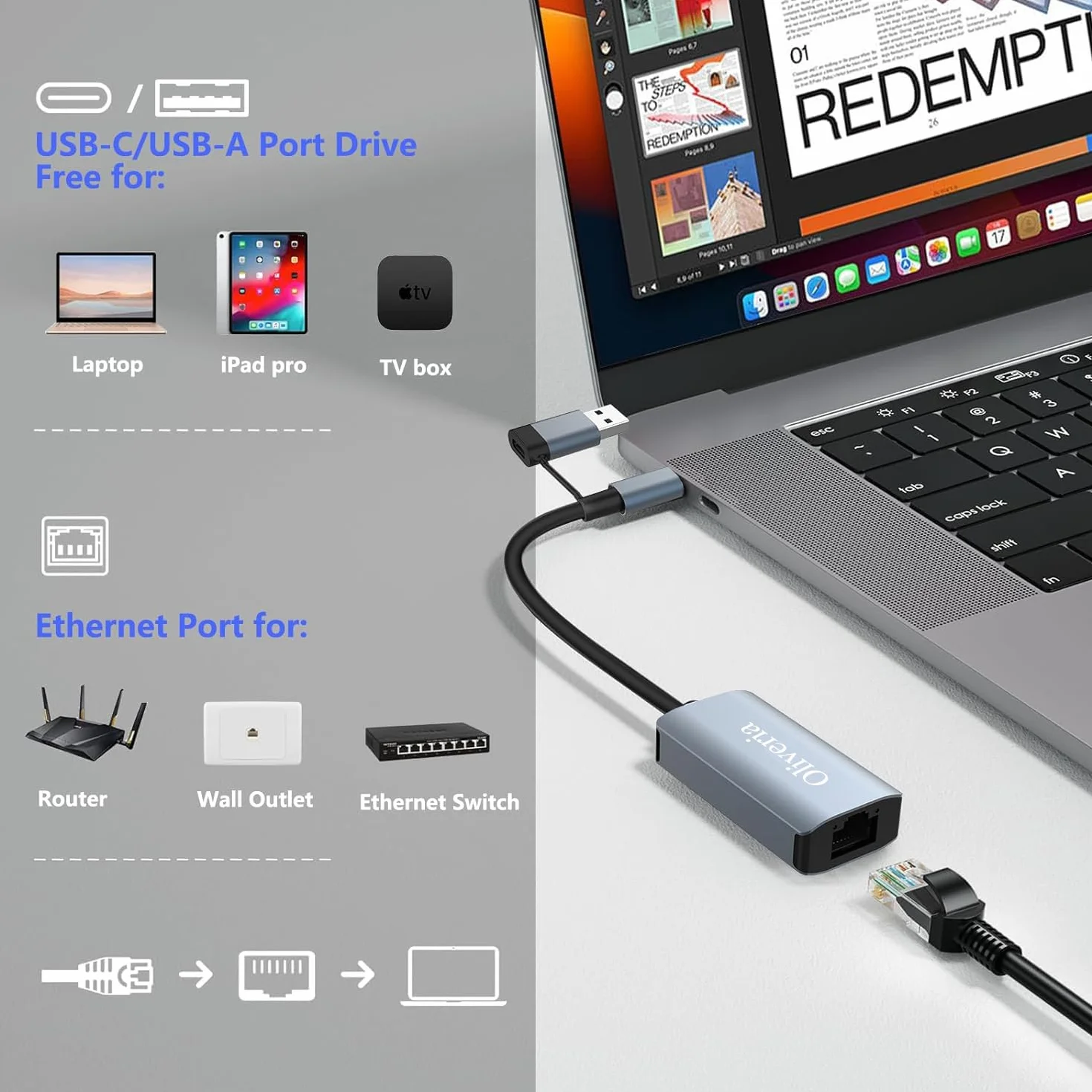 Adapter USB-C na Ethernet - USB 3.0 na RJ45 Gigabit Ethernet LAN 1000 Mbps adapter sieciowy do Windows/Mac/Linux