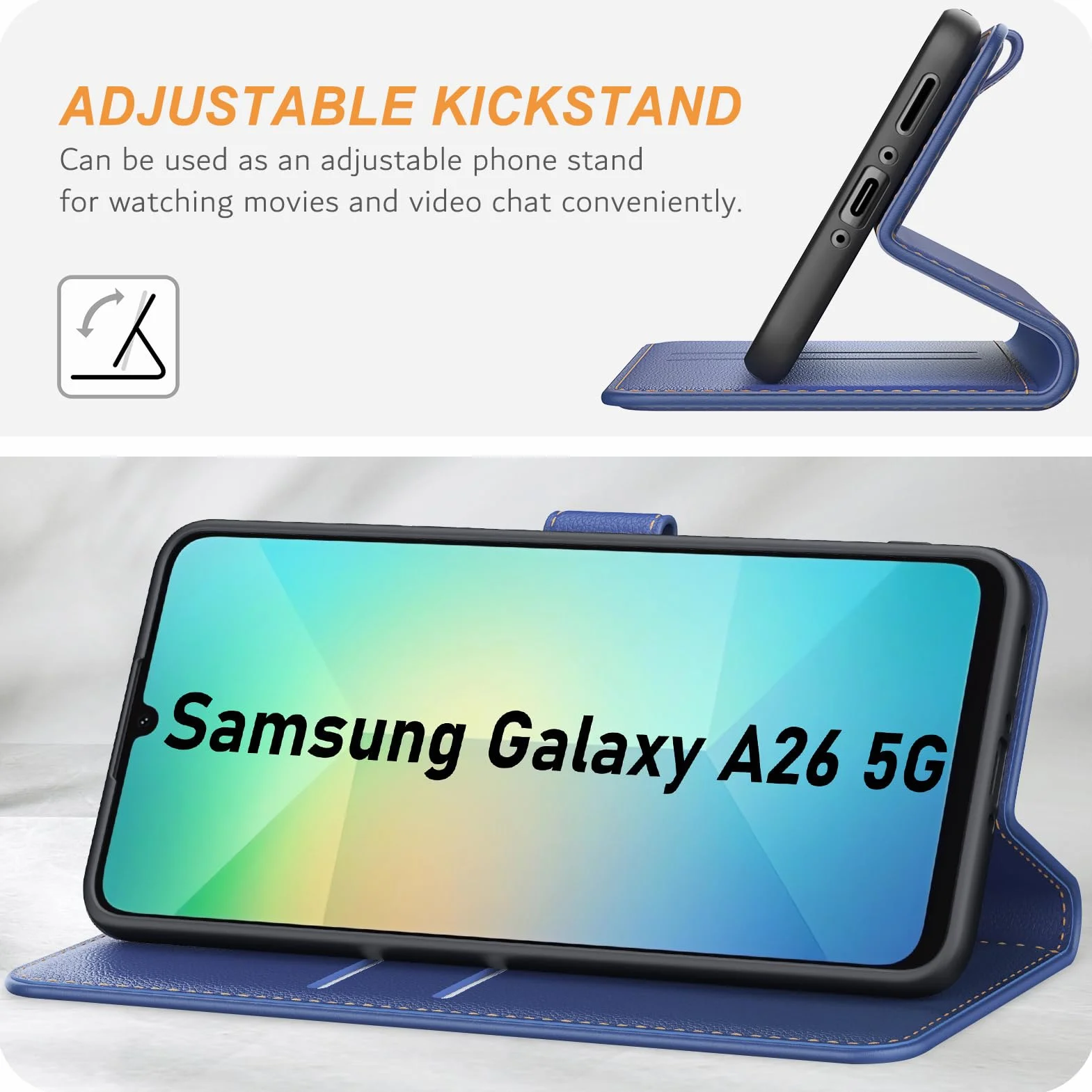 Ganbary etui do Samsung Galaxy A26 5G, wysokiej jakości z klapką ze skóry PU [pełna ochrona] [przegródki na karty] [podpórka], granatowe