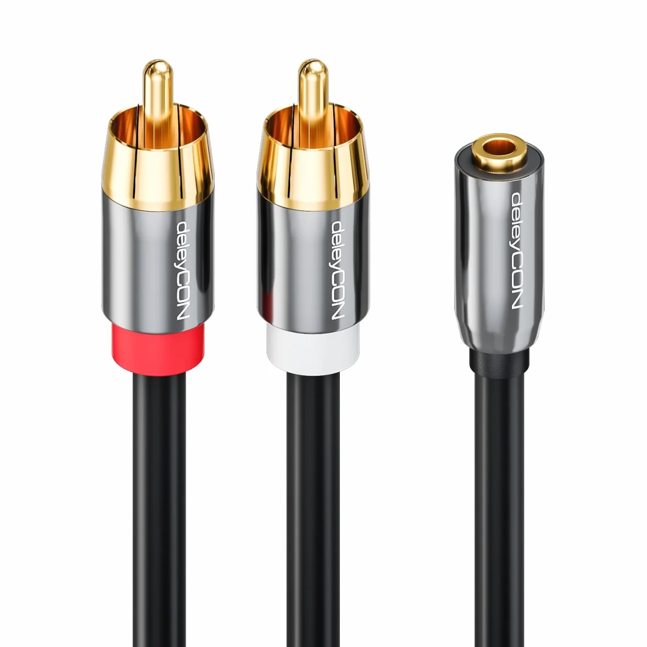 deleyCON 20cm Krótki Kabel Audio Stereo - Gniazdo Jack 3,5mm do 2x Wtyk RCA Cinch - Metalowy - Adapter do Laptopa Tabletu Smartfona TV DVD Sound Box - Czarny