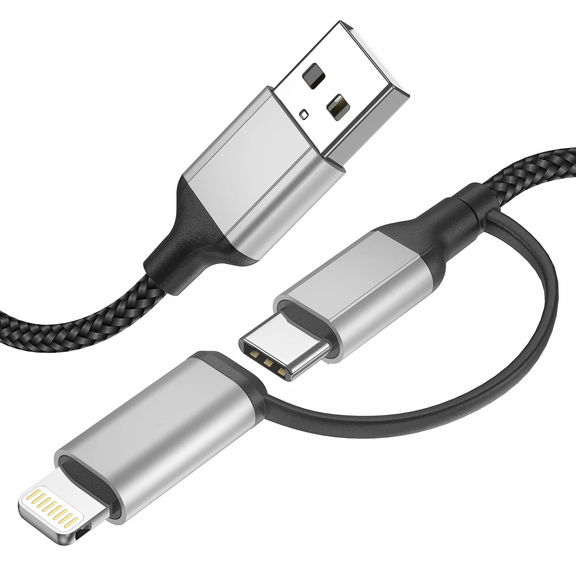 Kabel USB C 1,5 m, 2 w 1, kabel do szybkiego ładowania, USB A na USB typu C i kabel Lightning do ładowania iPhone'a, Samsung, Huawei, Xiaomi, OnePlus, Google, czarno-szary