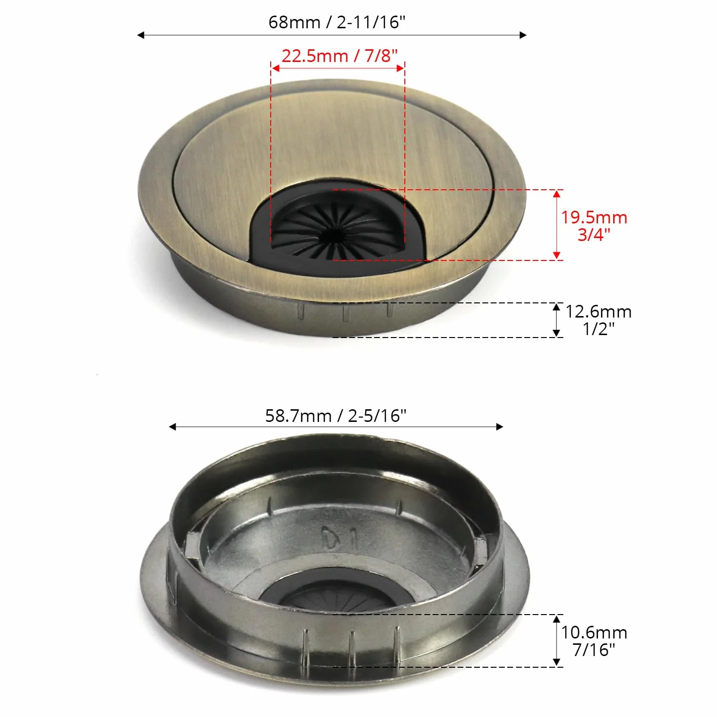 QWORK® 2 Pack 60mm przepust kablowy biurkowy, wylot kabla ze stopu cynku z uszczelką przeciwpyłową do biurek blaty biurowe (brąz)