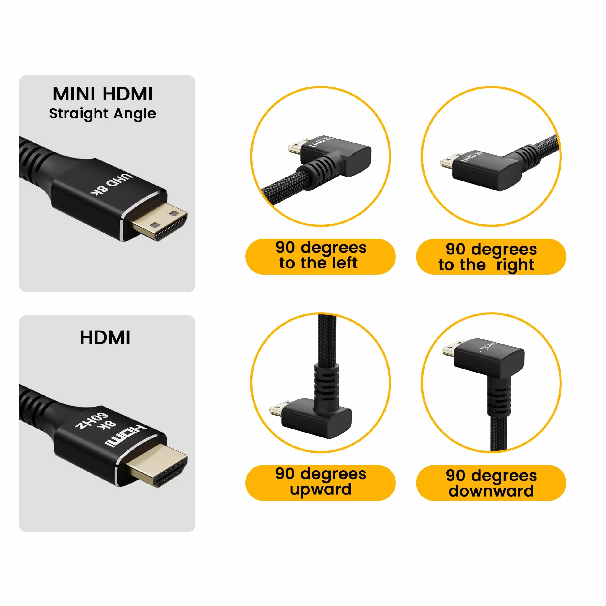 Kabel HDMI 8K/4K Mini HDMI 90° w dół na HDMI 3 m, dwukierunkowy, pleciony nylon 48 Gb/s