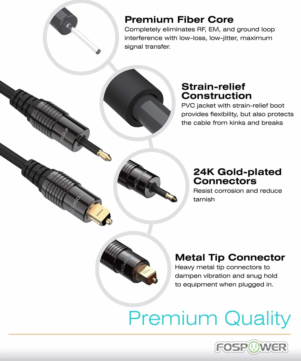 FosPower 0,9 m pozłacany kabel audio Toslink do Mini Toslink Digital Optical S/PDIF z metalowymi złączami i osłoną PCW z odciążającą