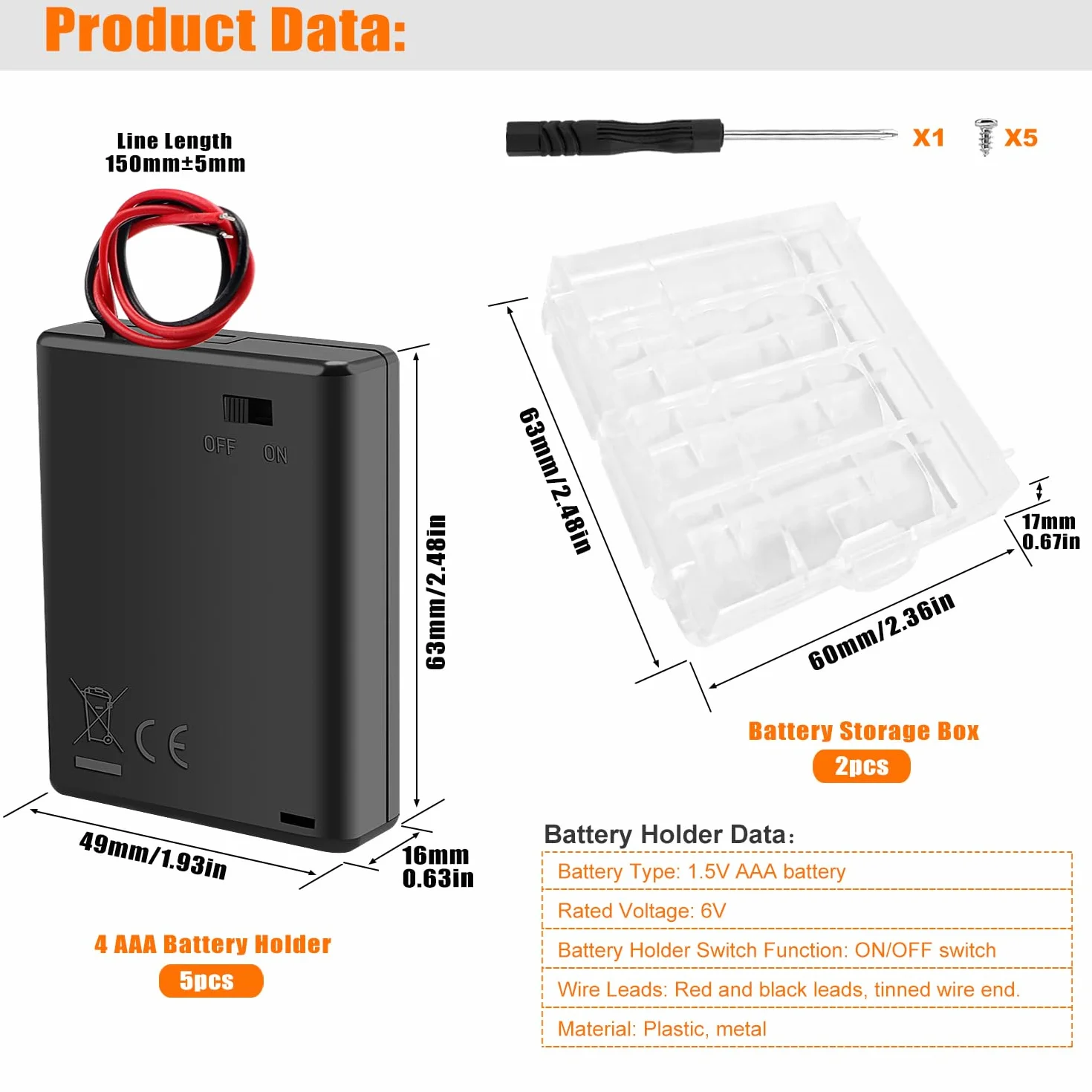 5 Sztuk 4 AAA Uchwyty na Baterie, KUOQIY 4 x 1.5V AAA Battery Storage Box z Wire i Przełącznikiem ON/OFF i Pokrywą, z Plastikowym Pojemnikiem na Baterie i Śrubokrętami i Śrubami