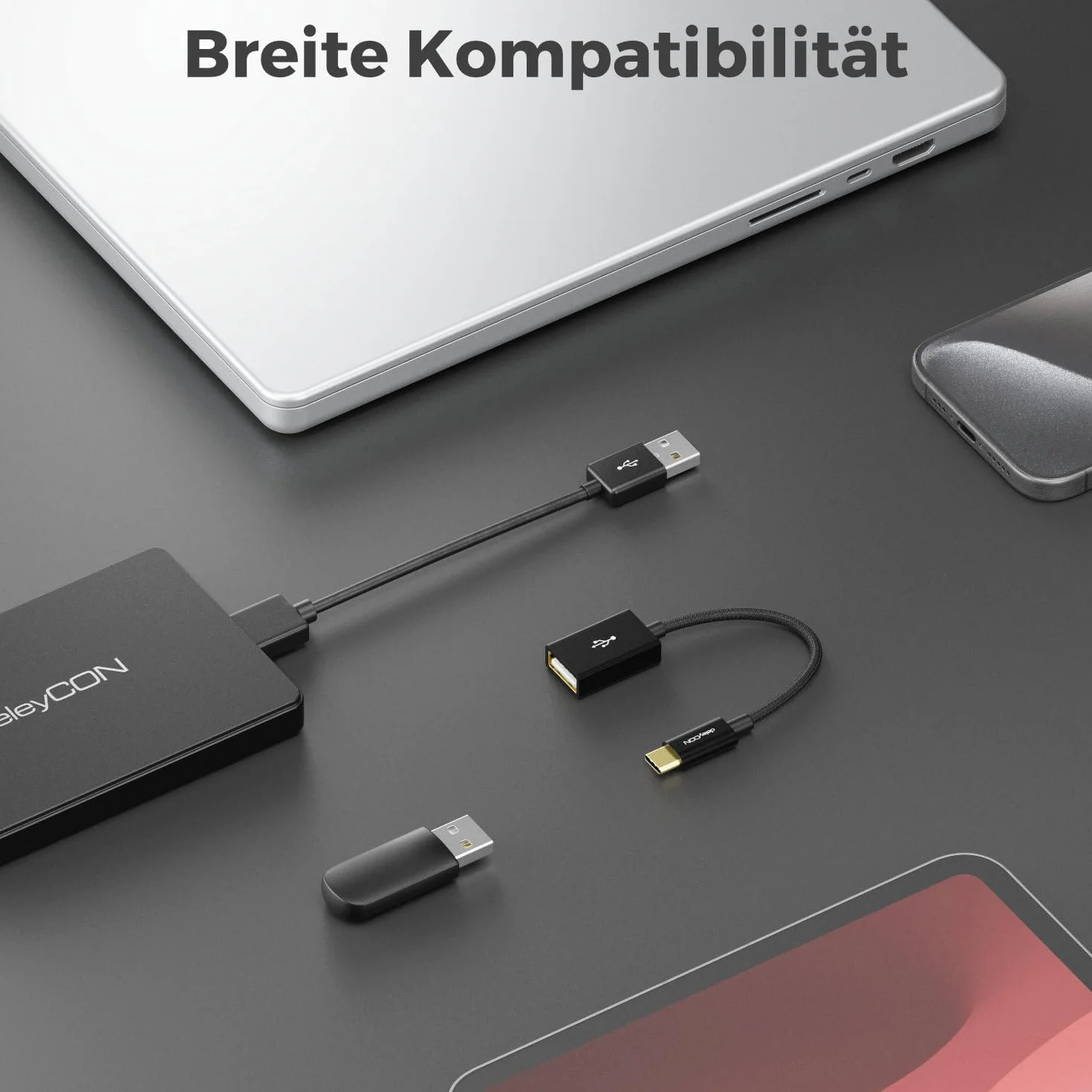 deleyCON 10cm Adapter OTG USB‑C na USB‑A (2 Szt.) - Wtyk USB‑C do Gniazda USB‑A - Kompatybilny z iPhone 17/Air/16 Pro Max/15 Max, iPad, MacBook Pro/Air, Galaxy S25/S24/S23/S22, PC i Komputerami