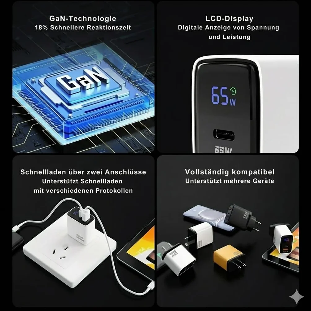 ładowarka USB C 65 W, 2-portowe ładowarki GaN z wyświetlaczem LED, PPS i PD do iPhone 17/16/15, MacBook, iPad, Samsung, telefonów komórkowych i laptopów