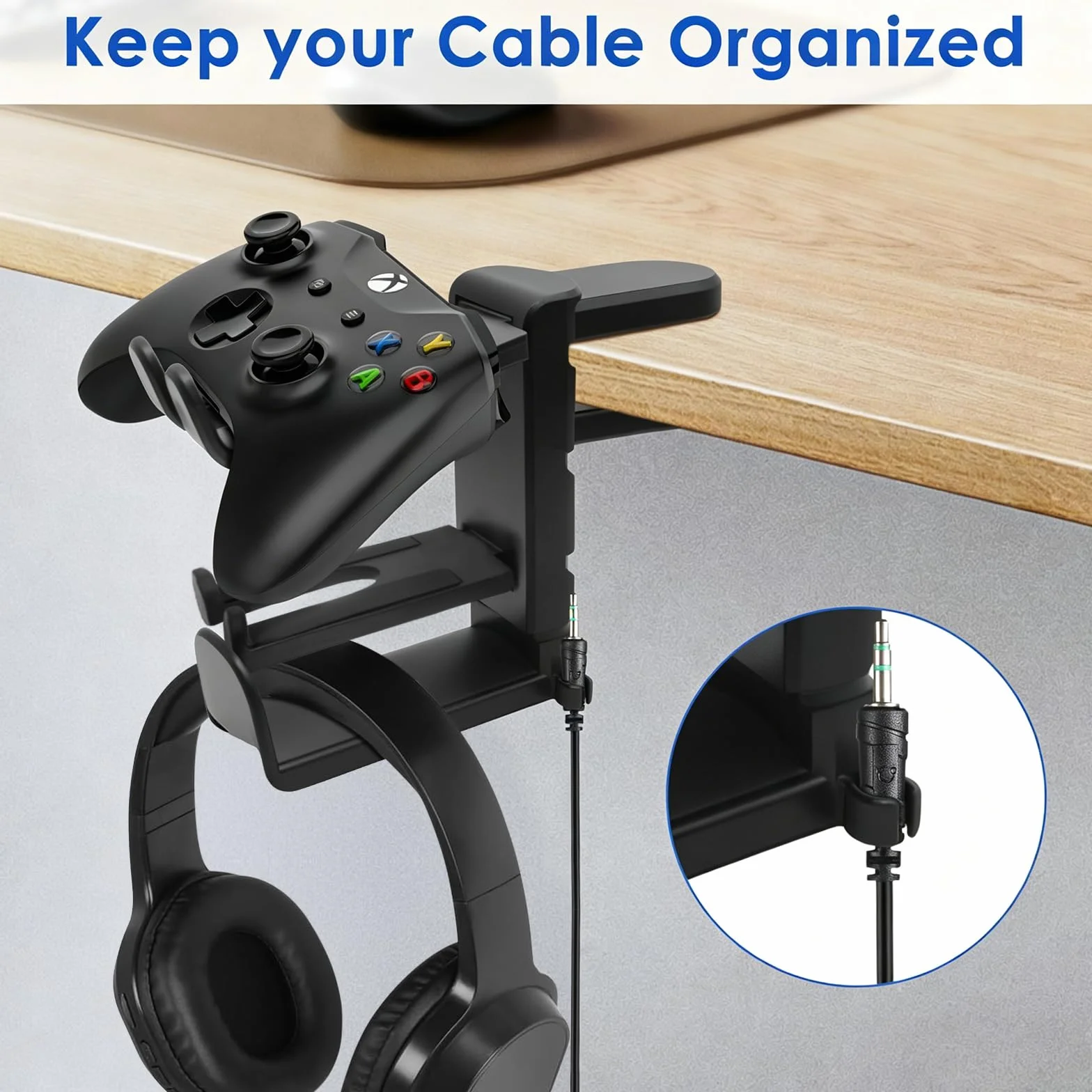Uchwyt na słuchawki i kontroler 2 w 1 – uchwyt na słuchawki pod stolik z zaciskiem, obracany o 360°, z klipsem na kabel, podwójna półka na PS5 / Xbox / Switch/PC Gaming, antypoślizgowy, czarny