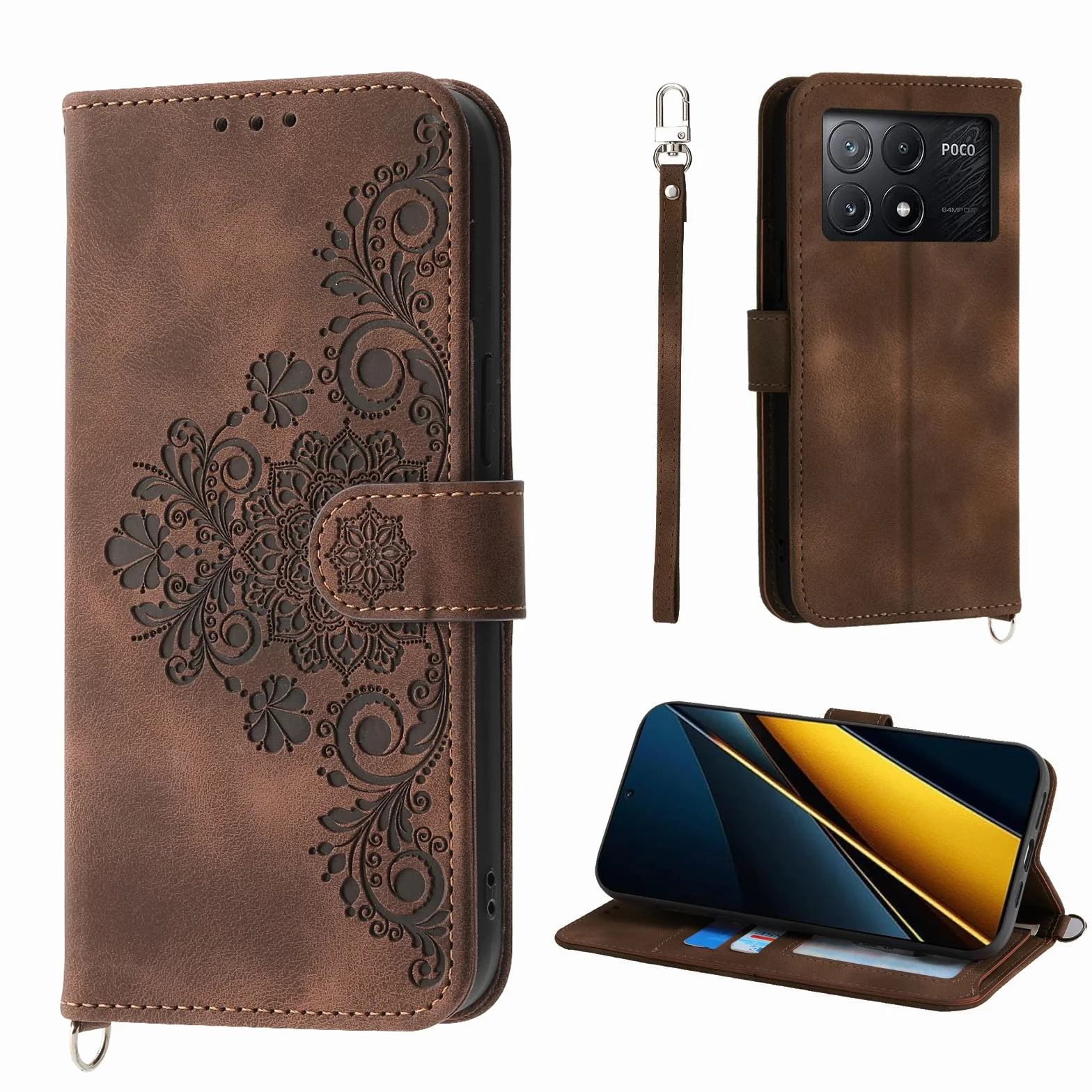 Etui na telefon Auslbin Flower dla Xiaomi Poco X6 Pro 5G/ Redmi K70e 6.67", 5 miejsc na karty Etui ochronne ze skóry PU w stylu vintage dla Poco X6 Pro 5G/ K70e, brązowy