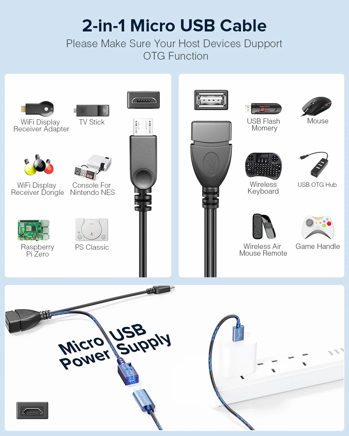 [2 Pack] ANDTOBO 2-w-1 Micro USB OTG Adapter kablowy z kablem zasilającym dla Fire Stick/Urządzenia hosta etc - Czarny