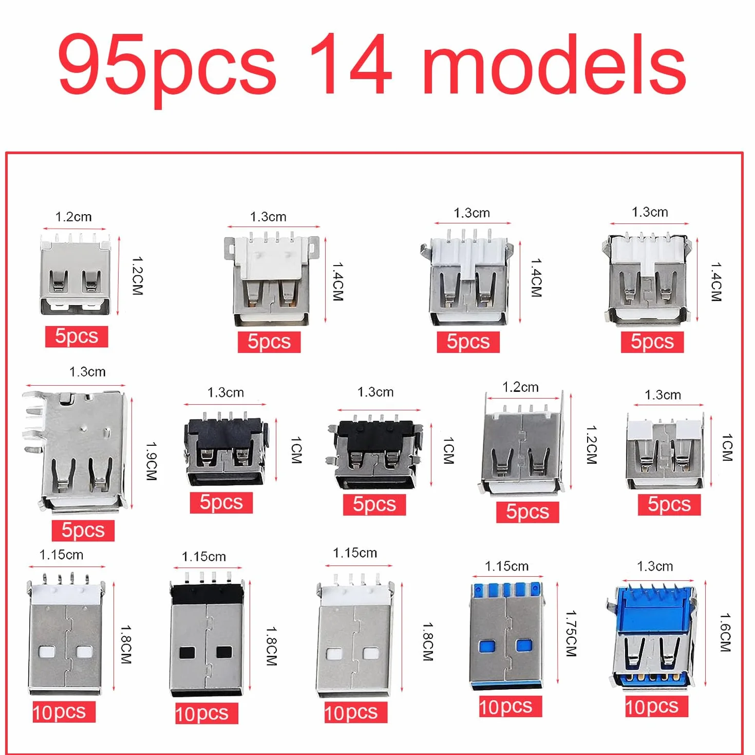 RUNCCI-YUN 95szt. 14 wartości USB 2.0 3.0 Typ A Micro USB złącze do lutowania, złącze Micro USB 2.0 3.0 Typ A złącze lutowe męsko-żeńskie, adapter USB do wbudowanego gniazda płytki drukowanej DIY