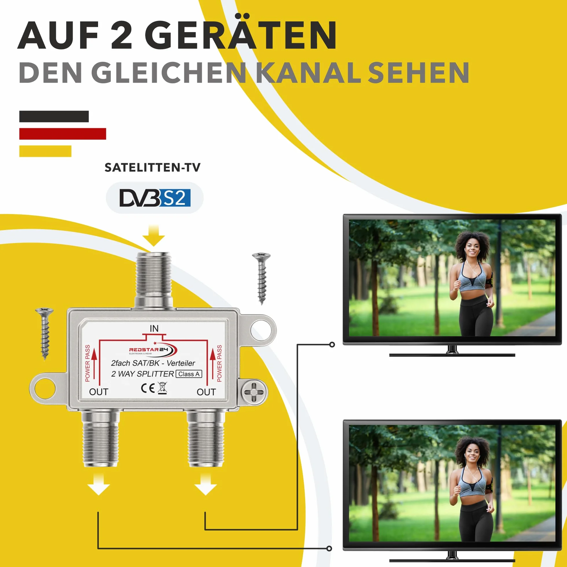 Redstar24 Podwójny rozdzielacz satelitarny SAT BK – wysokiej jakości rozdzielacz satelitarny do telewizji i radia, HDTV/UHD 4K, DVB-S/S2, DVB-T/T2, DVB-C/C2, wytrzymała obudowa, rozdzielacz SAT, 2