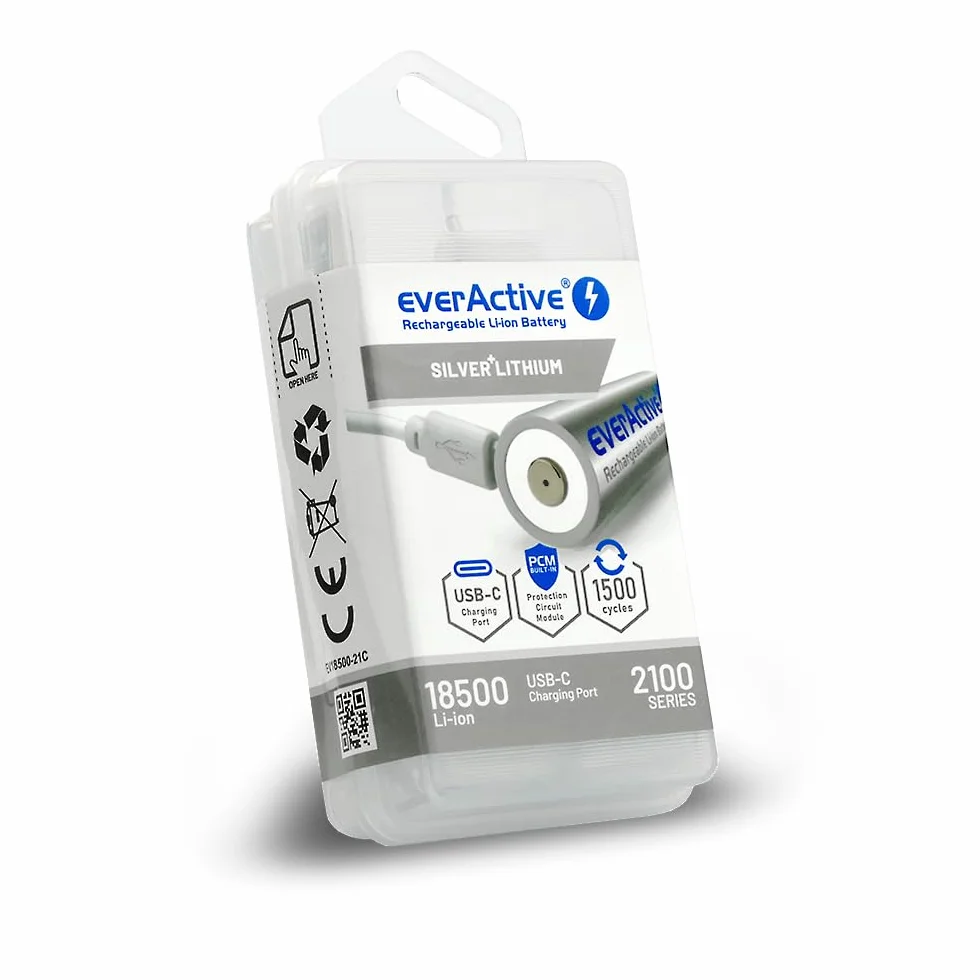 everActive Akumulator everActive 18500 3,7 V Li-ion 2100 mAh z USB-C, z obwodem ochronnym PCM, wstępnie naładowany - do maks. 30%, 1 sztuka - EV18500-21M