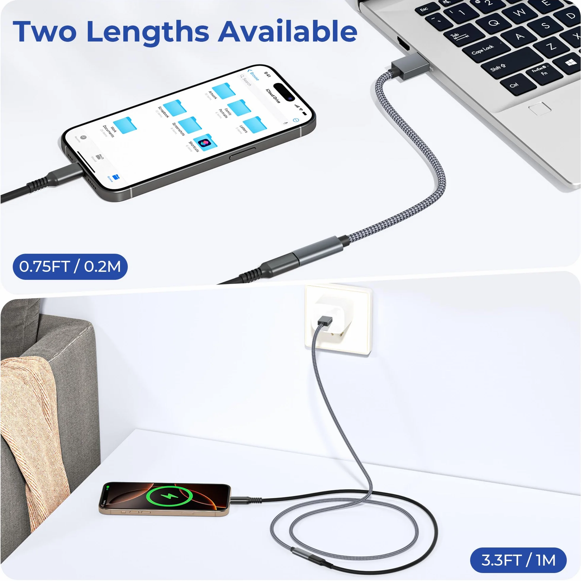 Basesailor Adapter USB 3.0 do USB-C 1 m (2pack),Kabel USB-C żeński do USB-A męski,5 Gbps Type-C do ładowania i danych dla iPhone 17 16 16e 15 Pro Max,iPad Air mini,Samsung Galaxy S25 S24,Z Fold Flip