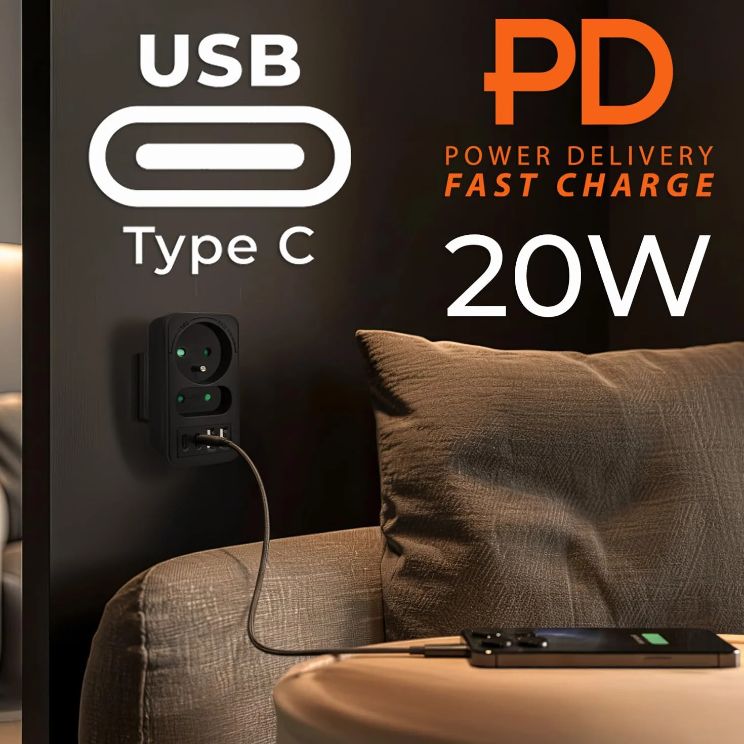 Rozdzielacz Maclean MCE249 2 gniazda sieciowe 2x USB A | szybkie ładowanie 2x USB C PD 20 W | maks. 3680 W | kompaktowe centrum zasilania (1, Czarny)