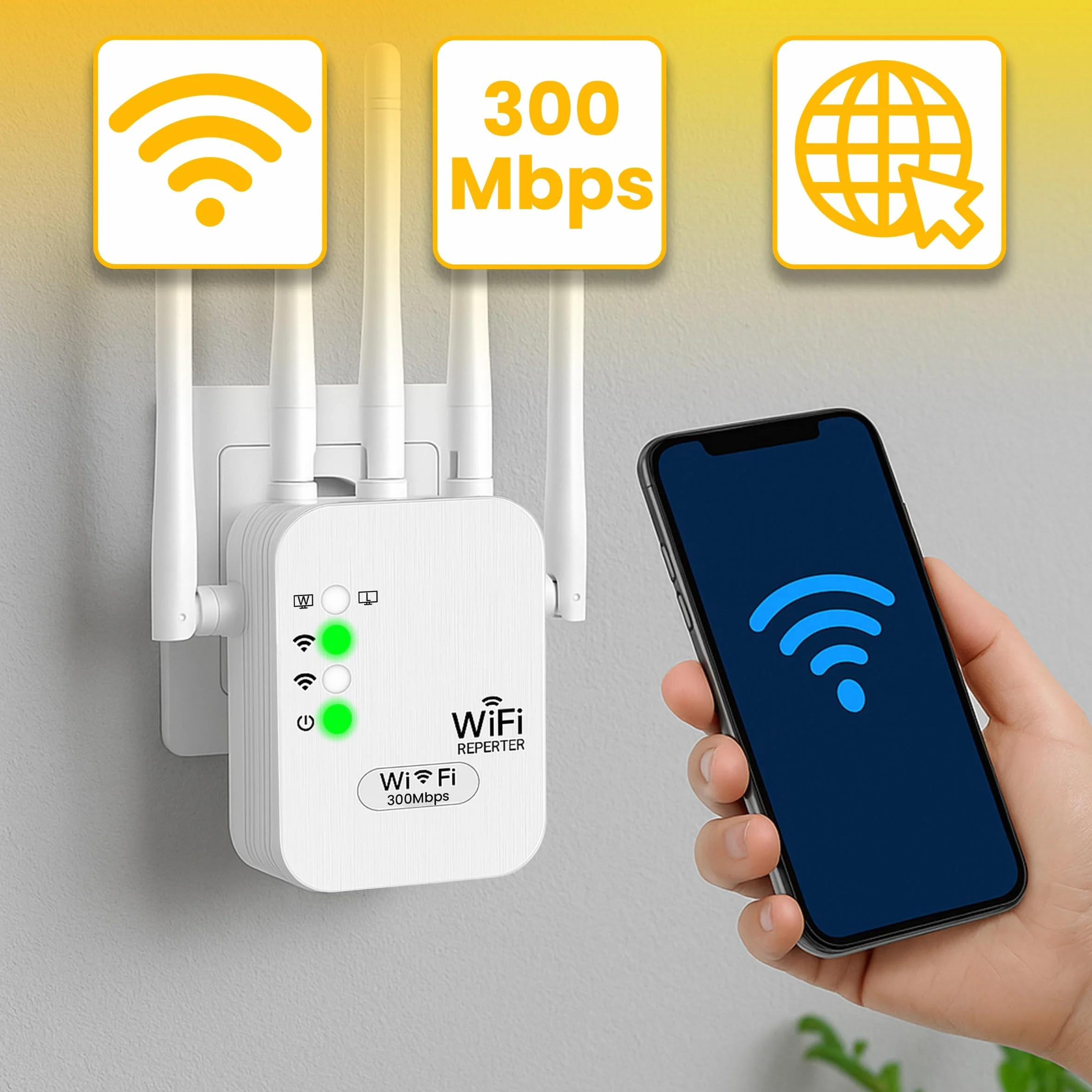 Retoo wzmacniacz sygnału Wi-Fi N 300 Mbit/s 2,4GHz 4 anteny repeater router tryb Access Point Modus WPA/WPA2 WPS funkcja EU wtyczka Biały prosty montaż dla stabilnego połączenia internetowego