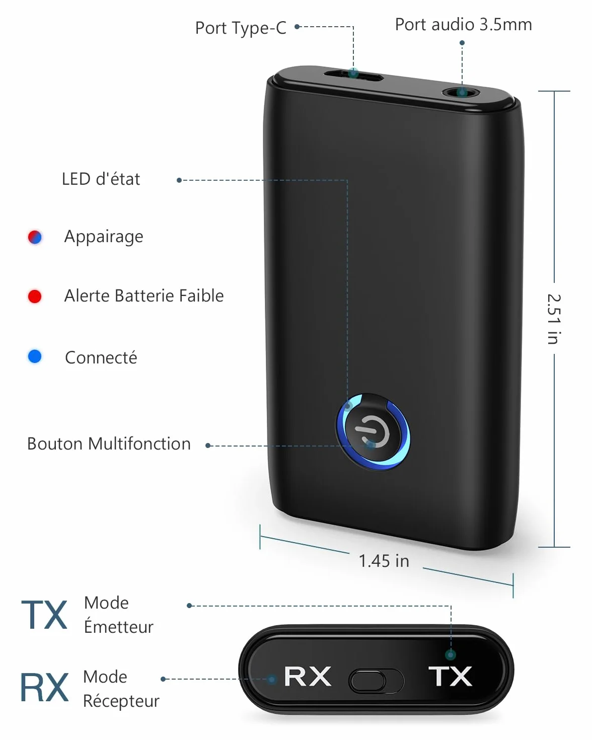 Bluetooth Adapter Audio, nadajnik Bluetooth 2 w 1, odbiornik nadajnika 5.3, gniazdo AUX 3,5 mm do słuchawek, głośników, samochodu, telewizora, ładowanie Type-C