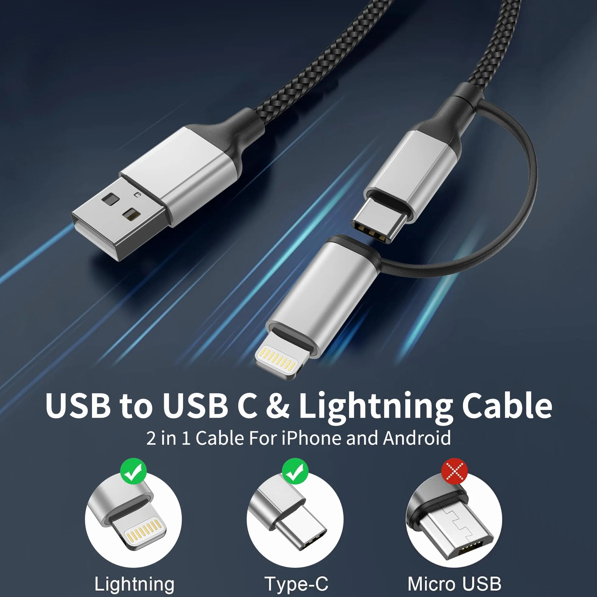 Kabel USB C 1,5 m, 2 w 1, kabel do szybkiego ładowania, USB A na USB typu C i kabel Lightning do ładowania iPhone'a, Samsung, Huawei, Xiaomi, OnePlus, Google, czarno-szary