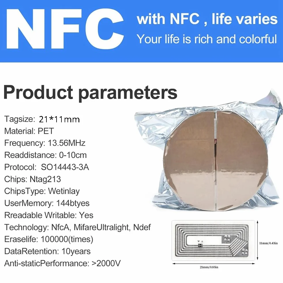 100 sztuk naklejek NFC z chipem NTAG213, puste naklejki NFC, etykiety samoprzylepne, znaczniki RFID, wielokrotnego zapisu, pamięć 144 bajtów, łatwa instalacja, łatwa obsługa