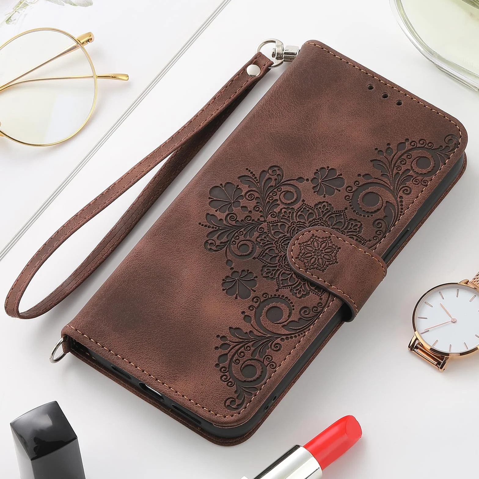 Etui na telefon Auslbin Flower dla Xiaomi Poco X6 Pro 5G/ Redmi K70e 6.67", 5 miejsc na karty Etui ochronne ze skóry PU w stylu vintage dla Poco X6 Pro 5G/ K70e, brązowy