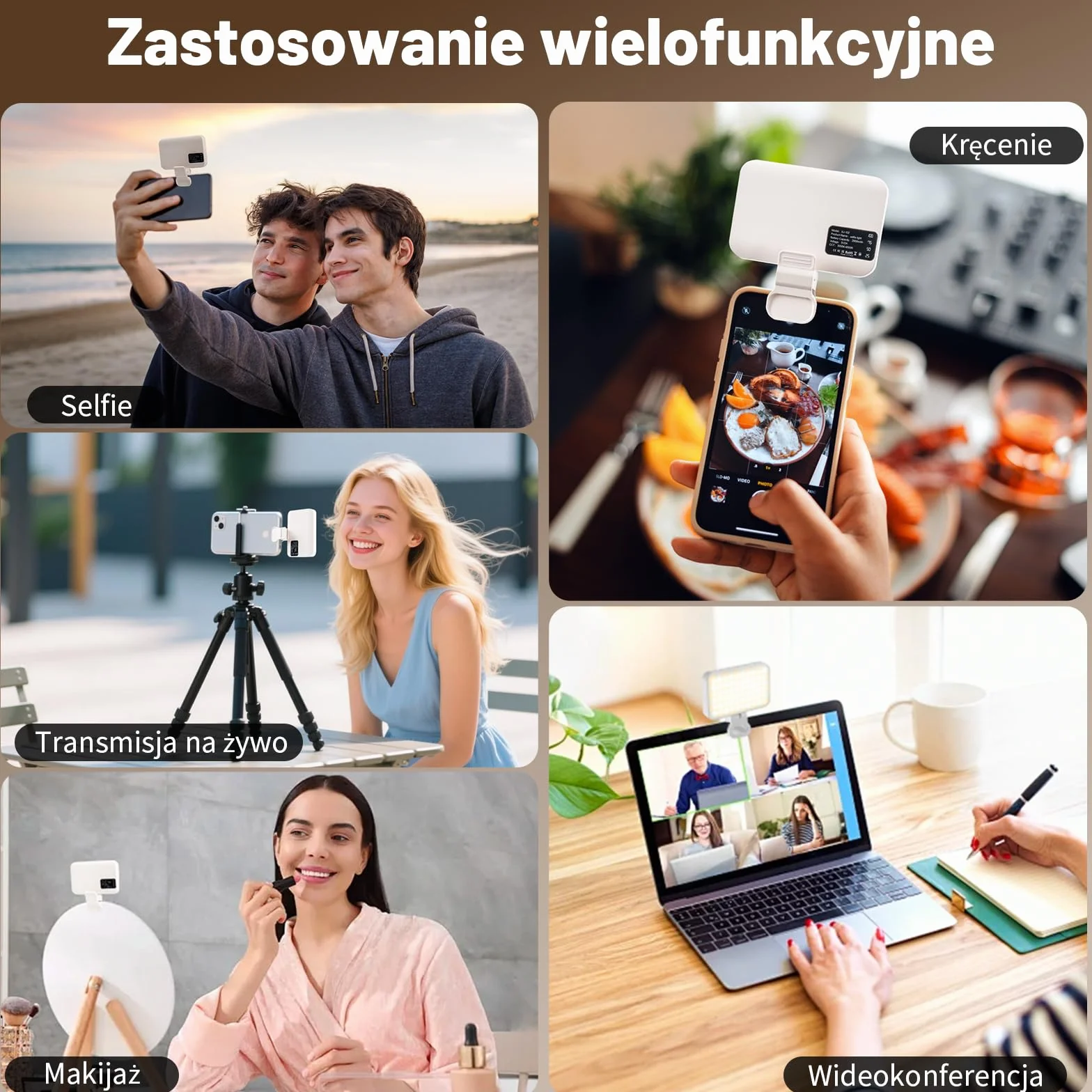 OUSFOT Lumiere Telefon z 3 trybami oświetlenia, 3000-6500K, 10 poziomów jasności do telefonu z baterią 2000 mAh z klipsem, do telefonu, aparatu, komputera