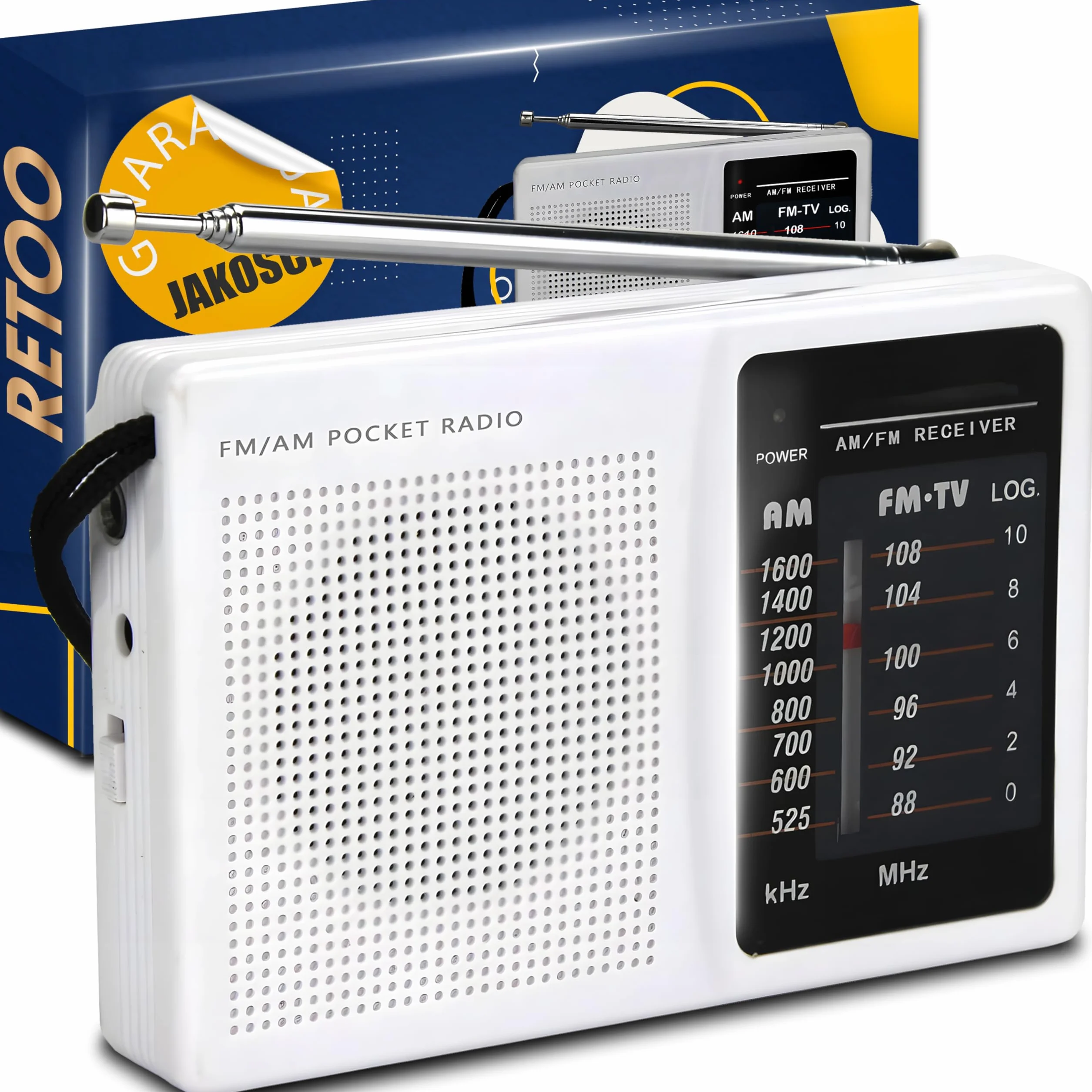 Retoo Radio FM/AM, przenośny regulator częstotliwości, tranzystor o doskonałej recepcji, antena teleskopowa, prezent dla osób starszych, gniazdo słuchawkowe 3,5 mm, 11,5 x 2,5 x 7,5 cm, biały