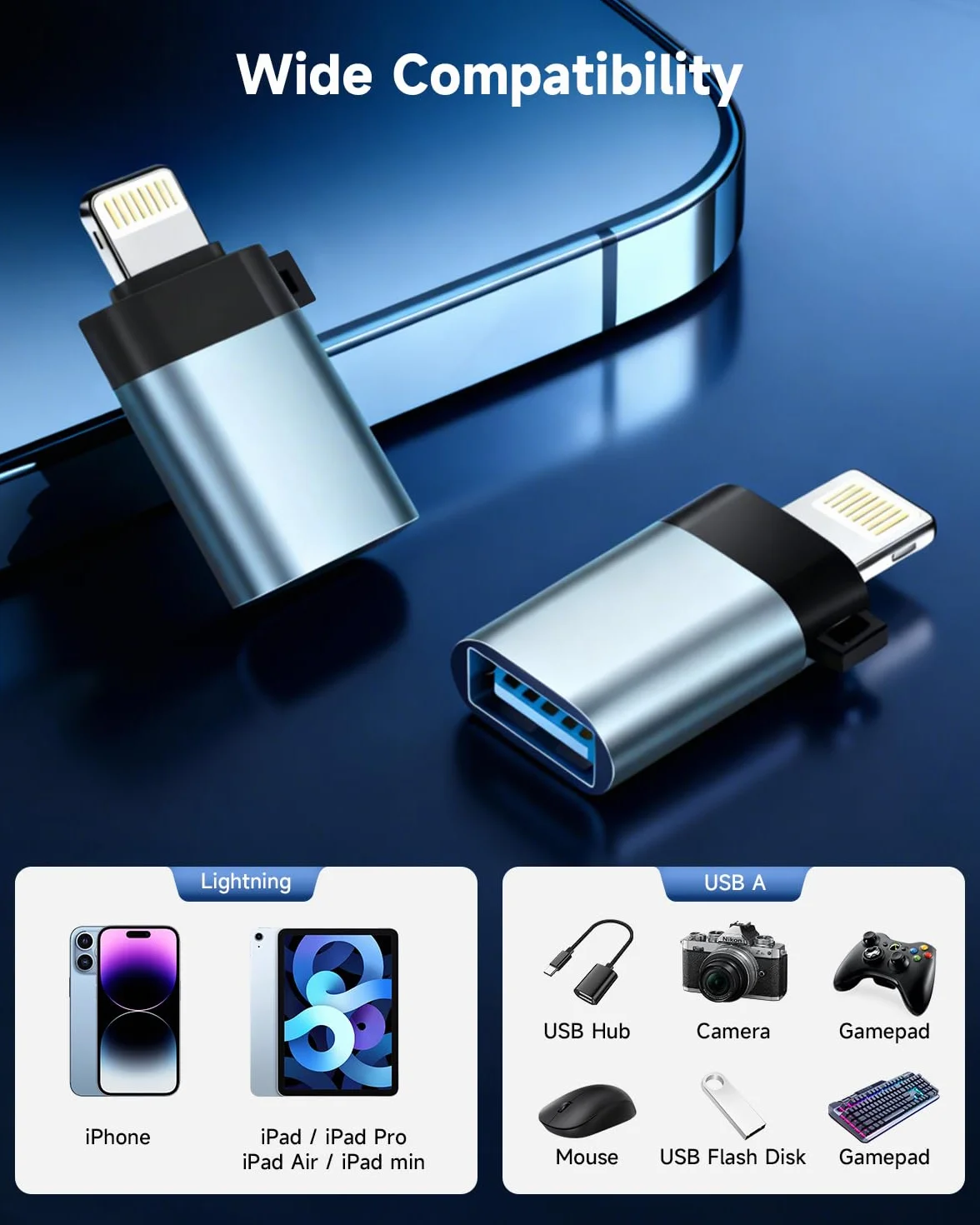 Adapter Lightning do USB OTG męski żeński szybki transfer danych iPhone 14/13/12/11/X/8/7 iPad 2 sztuk