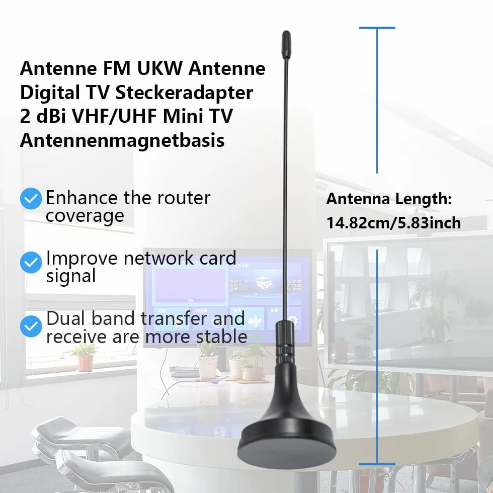 Vecys DVB-T HDTV FM UKW Antena Cyfrowa Wtyczka TV 2 dBi VHF/UHF Mini Antena TV Podstawa Magnetyczna Kabel 1.5 m Kompatybilna z Radiem FM DVB-T2 HDTV DTMB