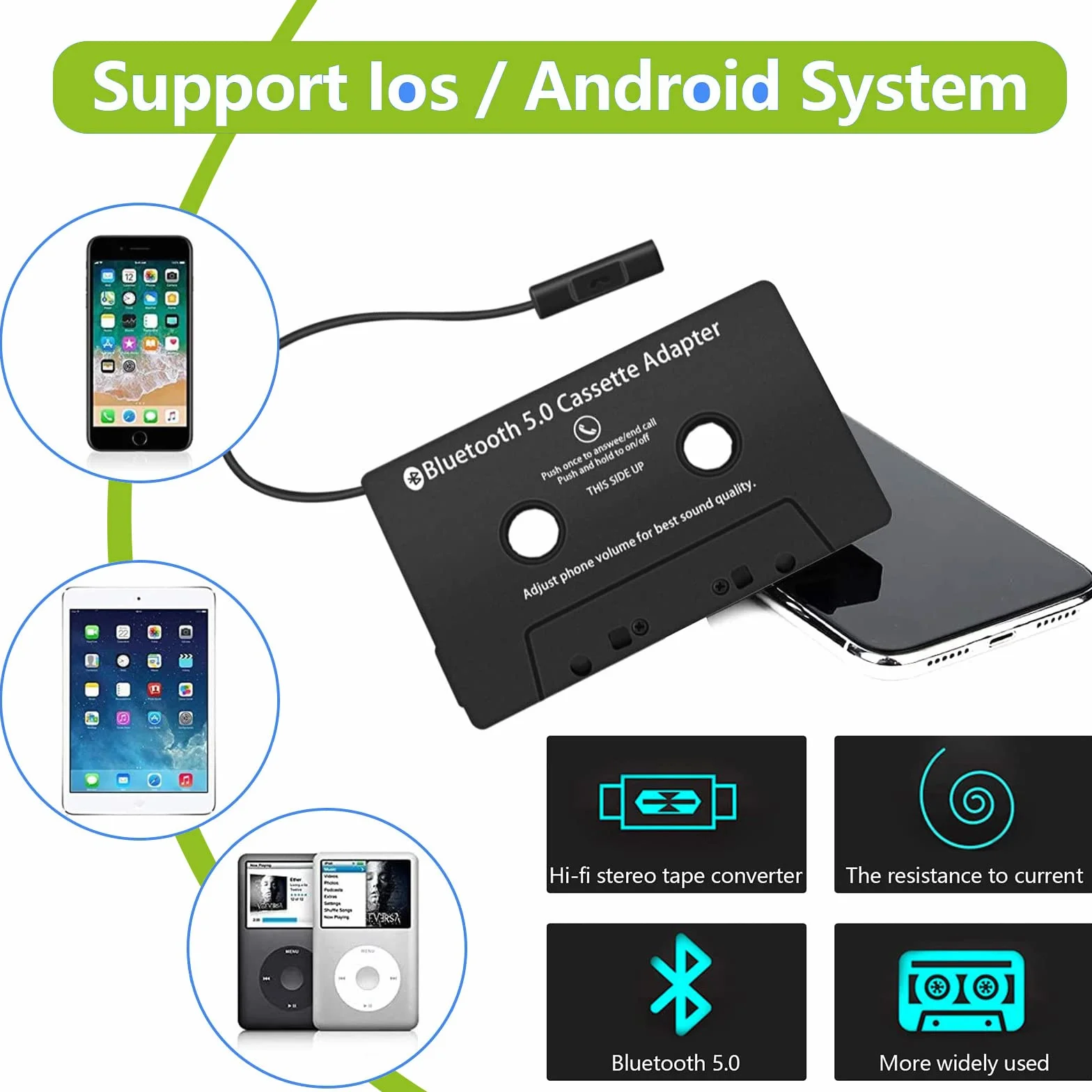 WANGCL Adapter kasety do radia samochodowego 5.0 Bluetooth samochodowy odbiornik kaseta audio do AUX adapter CD MP3 odtwarzacz iPod z gniazdem jack 3,5 mm
