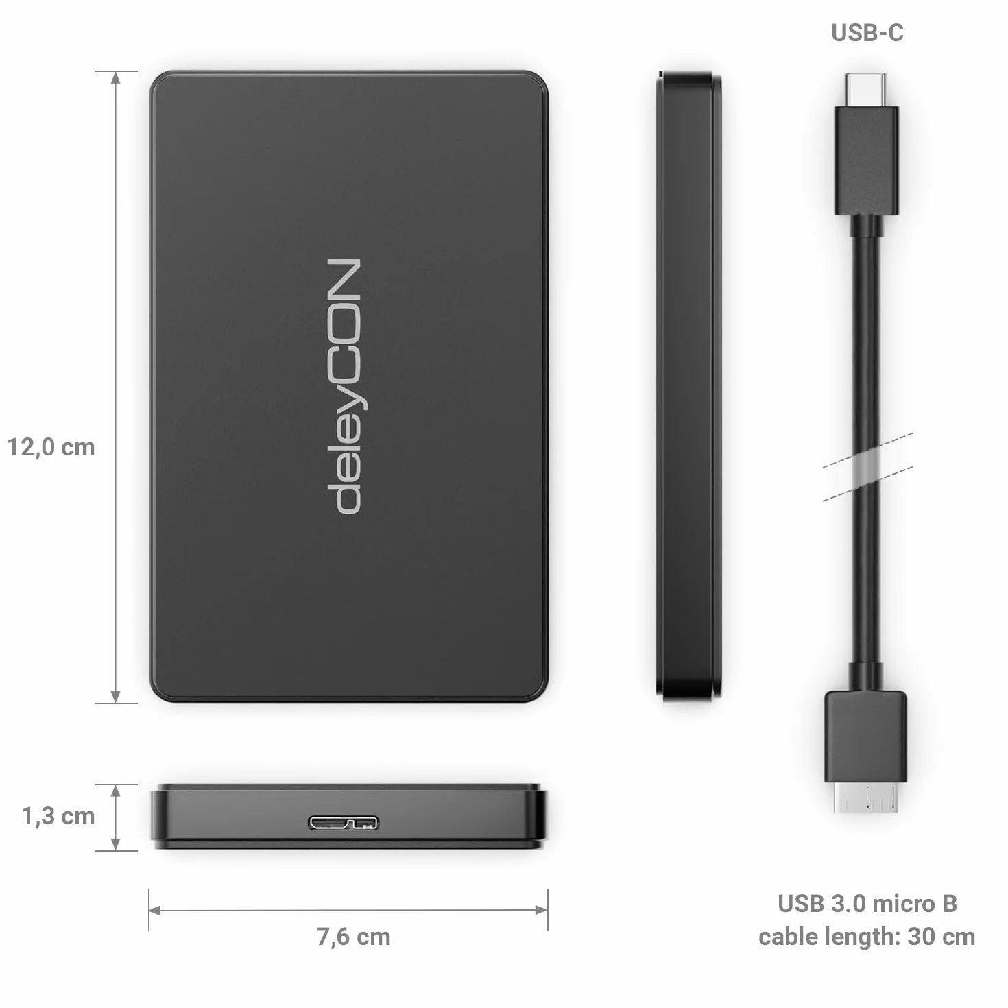 deleyCON Obudowa SSD USB C (5Gbps USB 3.1) do Dysków SATA 3 2,5" SSD / HDD / 7 mm do 9,5 mm SATA III Obudowa Zewnętrzna UASP [Czarna]