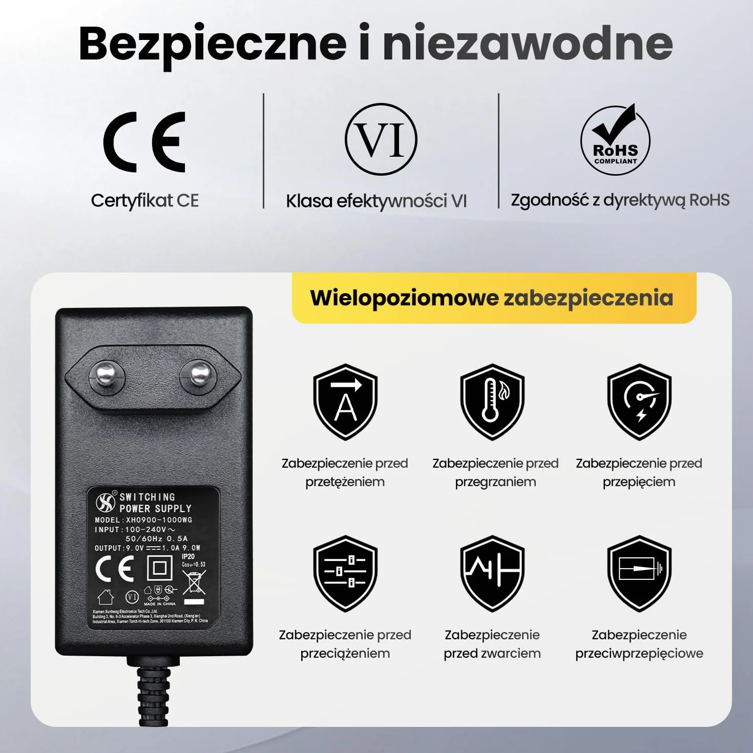 Zasilacz 9 V 1 A 9 W 1,8 m, adapter przełącznika AC DC (wejście 100-240 V, wyjście 9 V 1A), Gniazdo transformatora do montażu na ścianie DC 5,5 x 2,1 mm, znak CE