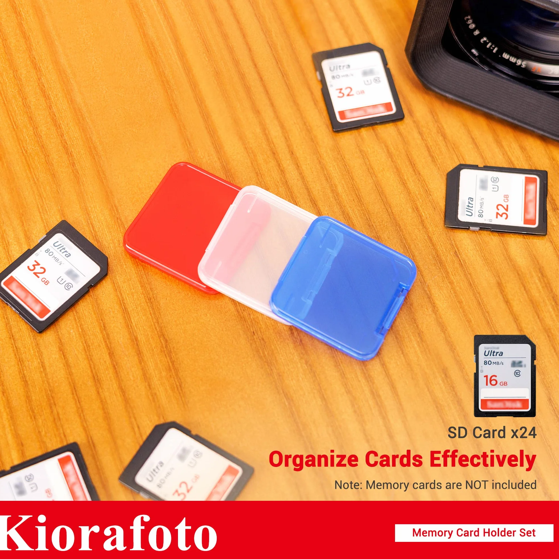 Kiorafoto Wielokolorowe przezroczyste plastikowe etui na karty SD na 24 karty SD SDXC SDHC, przezroczyste, standardowe etui na karty pamięci, pudełko na biżuterię, organizer do przechowywania z