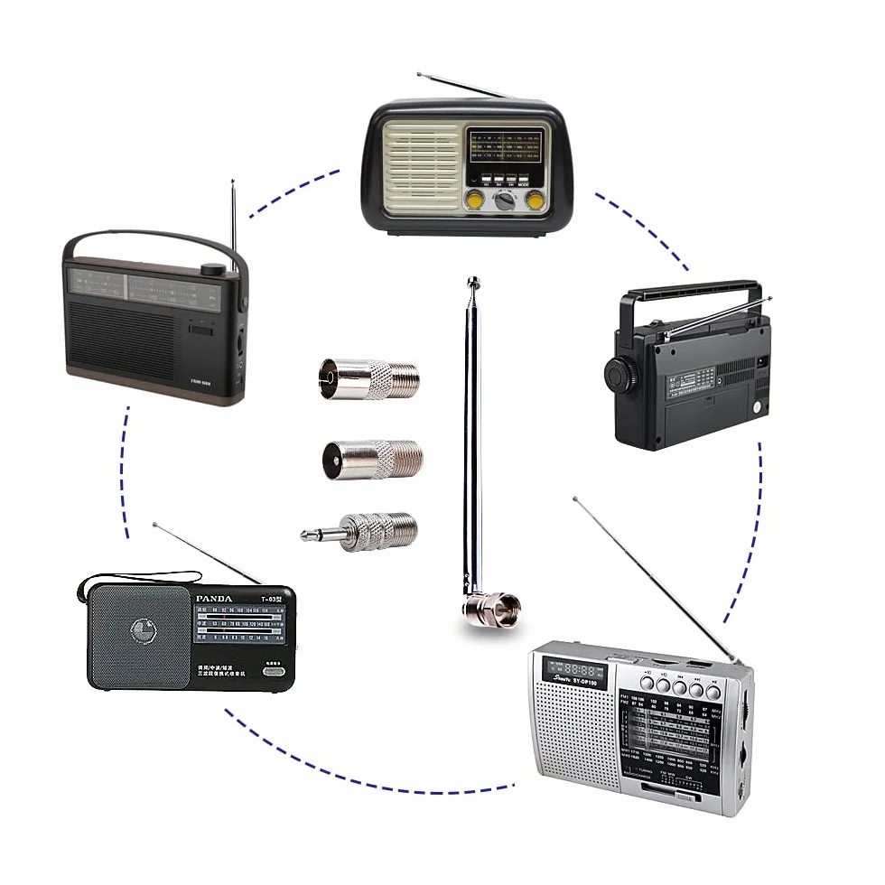 VooGenzek 7-Sekcji Teleskopowa Antena Radiowa DAB, Antena Antenowa FM z Przewodem 75 Ohm, Złącze Męskie Typu F z 3 Adapterami, do Radia Stołowego, Odbiornik Stereo HiFi AV Mini System