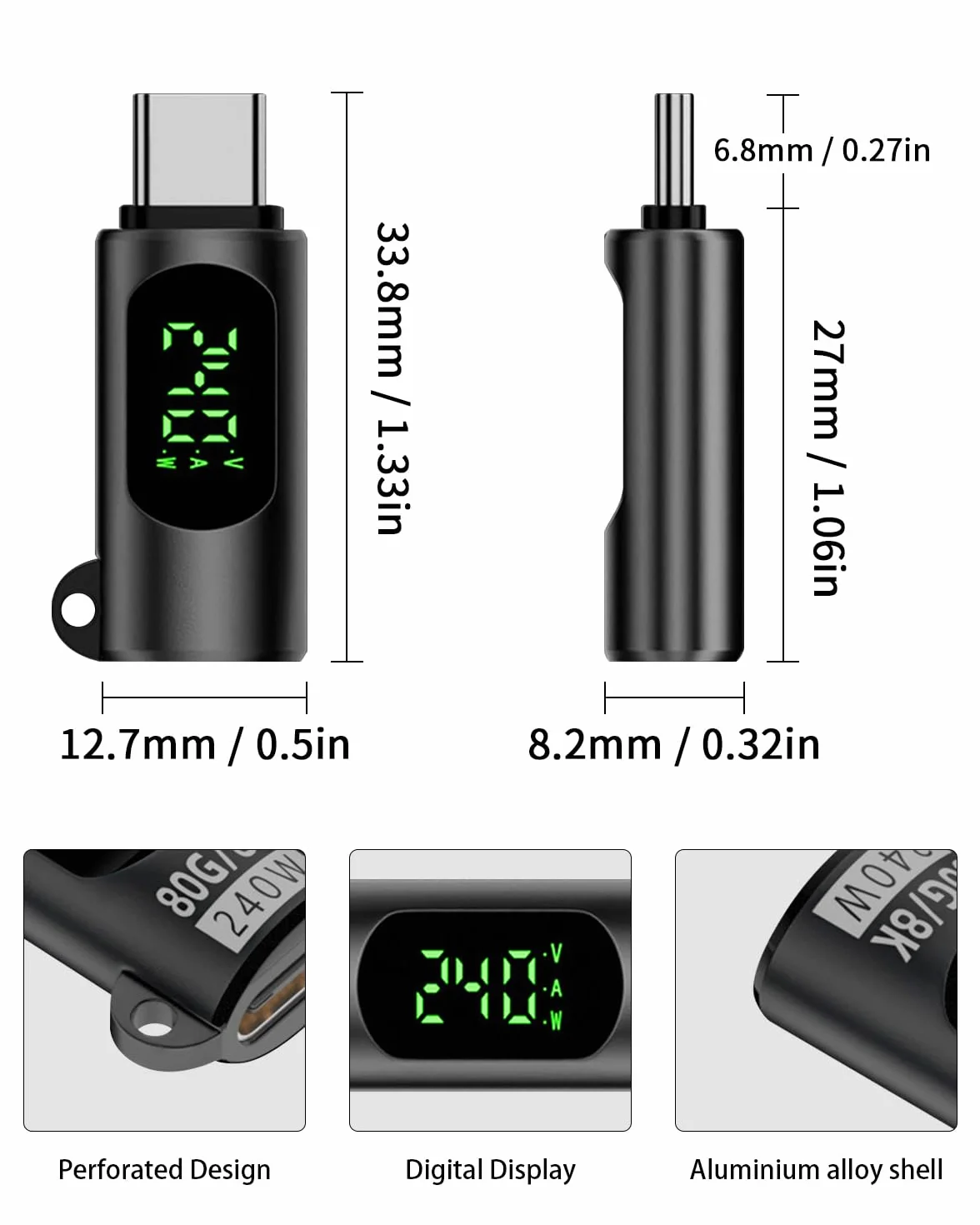 Duttek Tester miernika mocy adaptera USB C 240 W (1 opakowanie), 80 Gb/s USB C żeński na męski adapter przedłużający kompatybilny z Thunderbolt 5, iPhone 15/16, MacBook, iPad