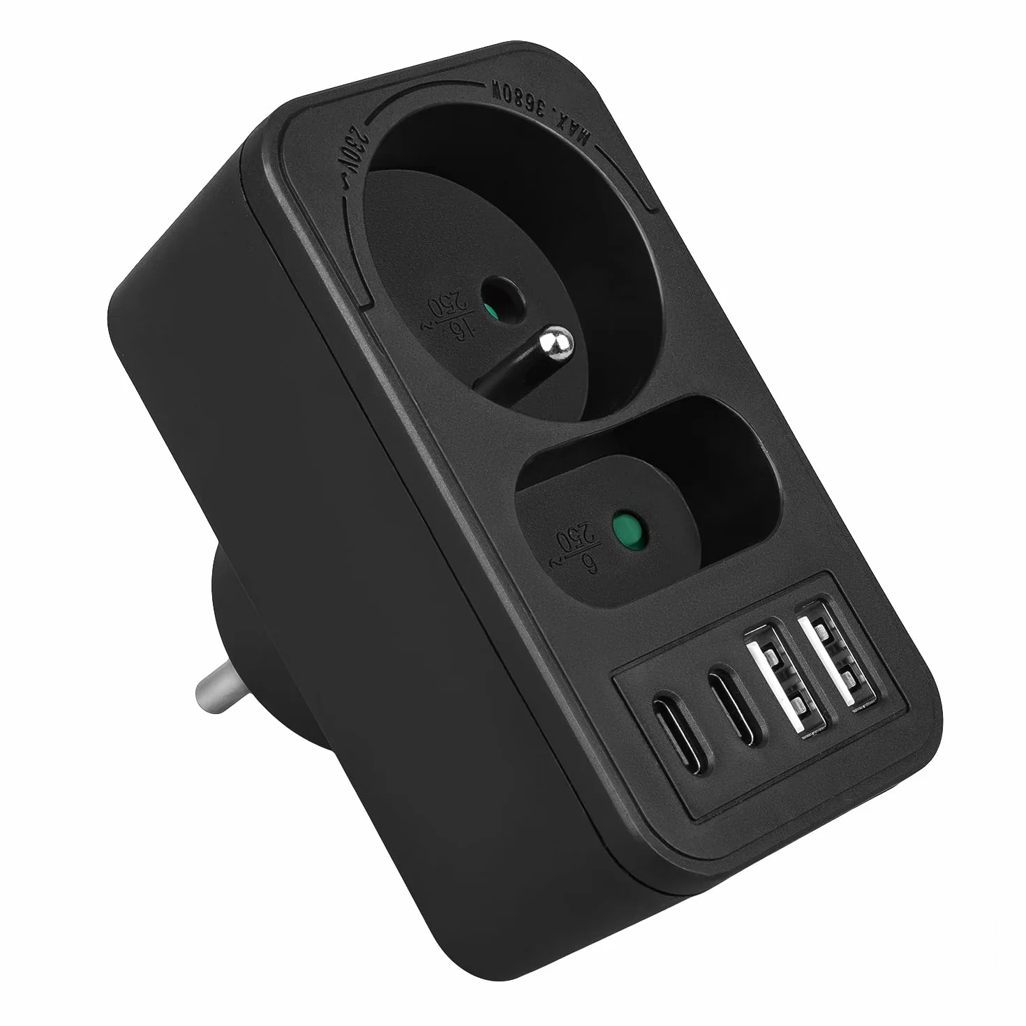 Rozdzielacz Maclean MCE249 2 gniazda sieciowe 2x USB A | szybkie ładowanie 2x USB C PD 20 W | maks. 3680 W | kompaktowe centrum zasilania (1, Czarny)