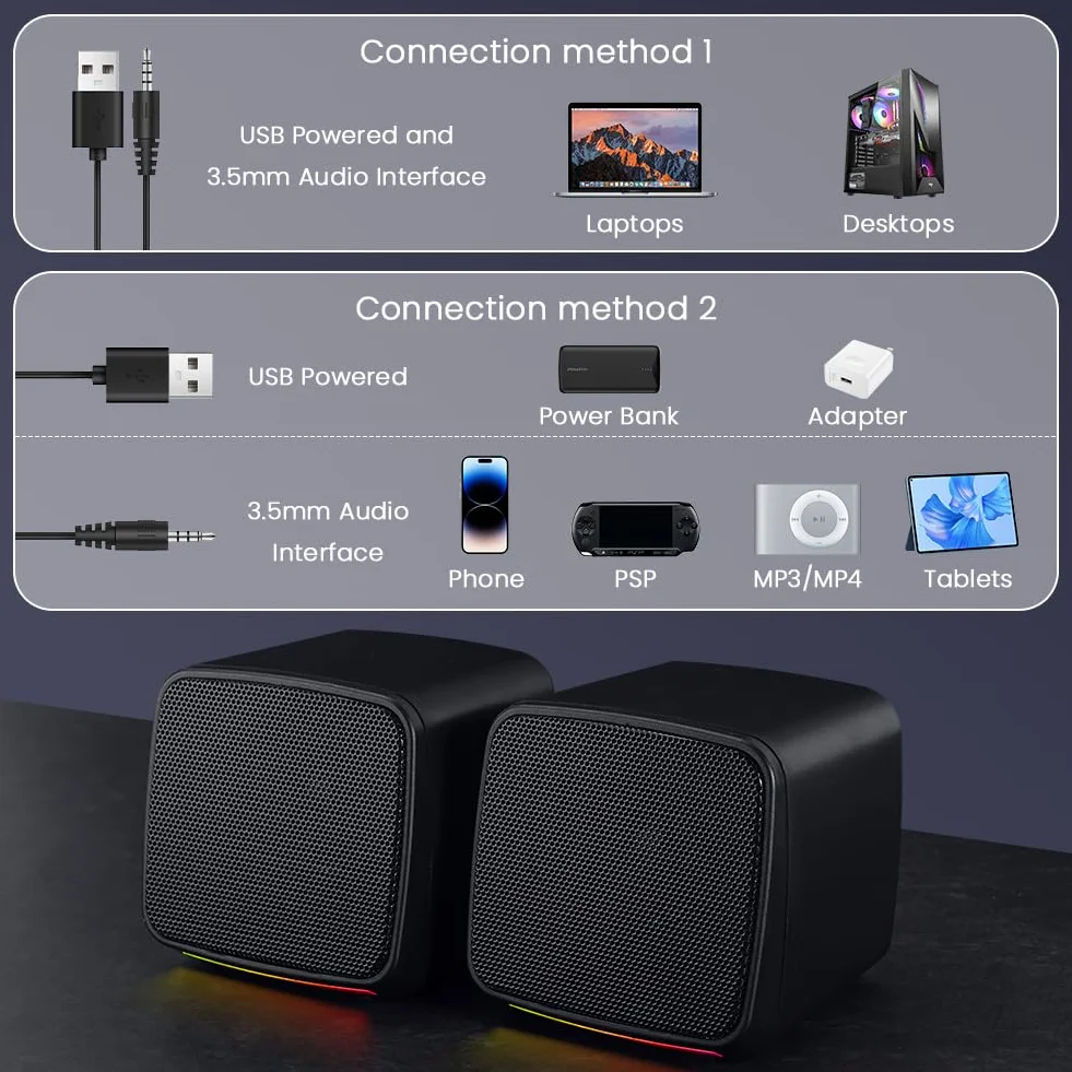 Vicloon Głośniki PC, głośniki 2.0 do komputera lub laptopa, kompaktowy głośnik zasilany przez USB, wejście Aux 3,5 mm, kolorowe światła RGB, 1 para, czarny