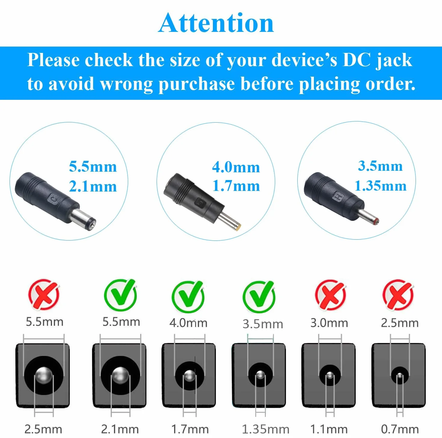 Zasilacz DC 6 V, 1 A, 1000 mA, wtyczka 5,5 mm x 2,1 mm, z wtyczką 3,5 mm x 1,35 mm, 4,0 mm x 1,7 mm.