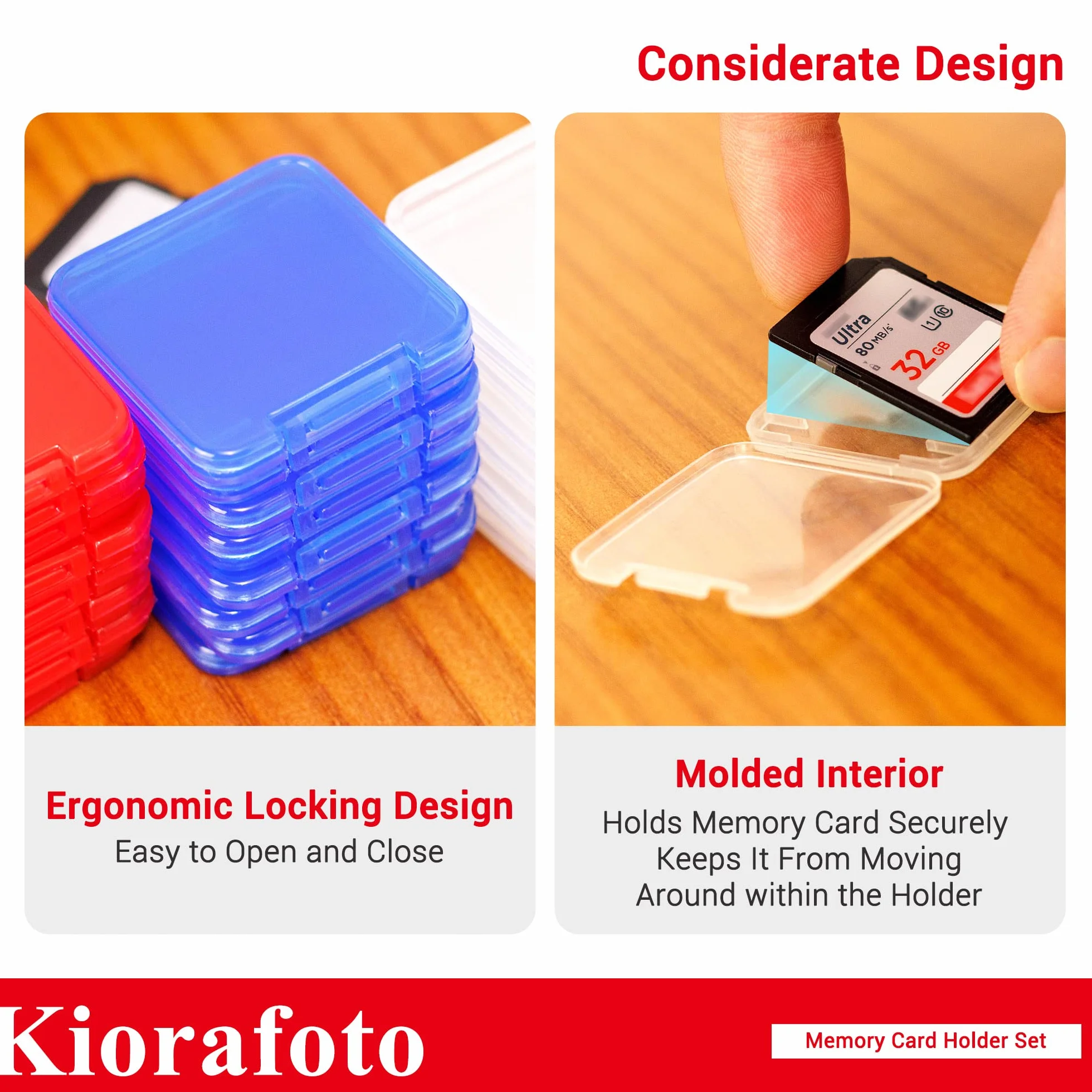 Kiorafoto Wielokolorowe przezroczyste plastikowe etui na karty SD na 24 karty SD SDXC SDHC, przezroczyste, standardowe etui na karty pamięci, pudełko na biżuterię, organizer do przechowywania z